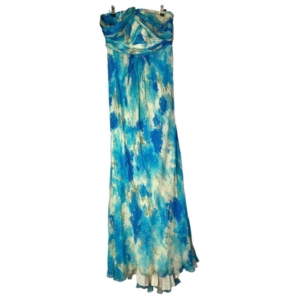 Carmen Marc Valvo Blue Watercolor Chiffon Layered A-Line Formal Gown 10